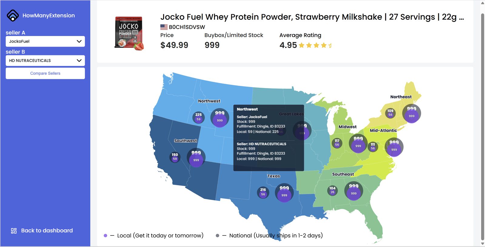 Geo View comparing two sellers region by region